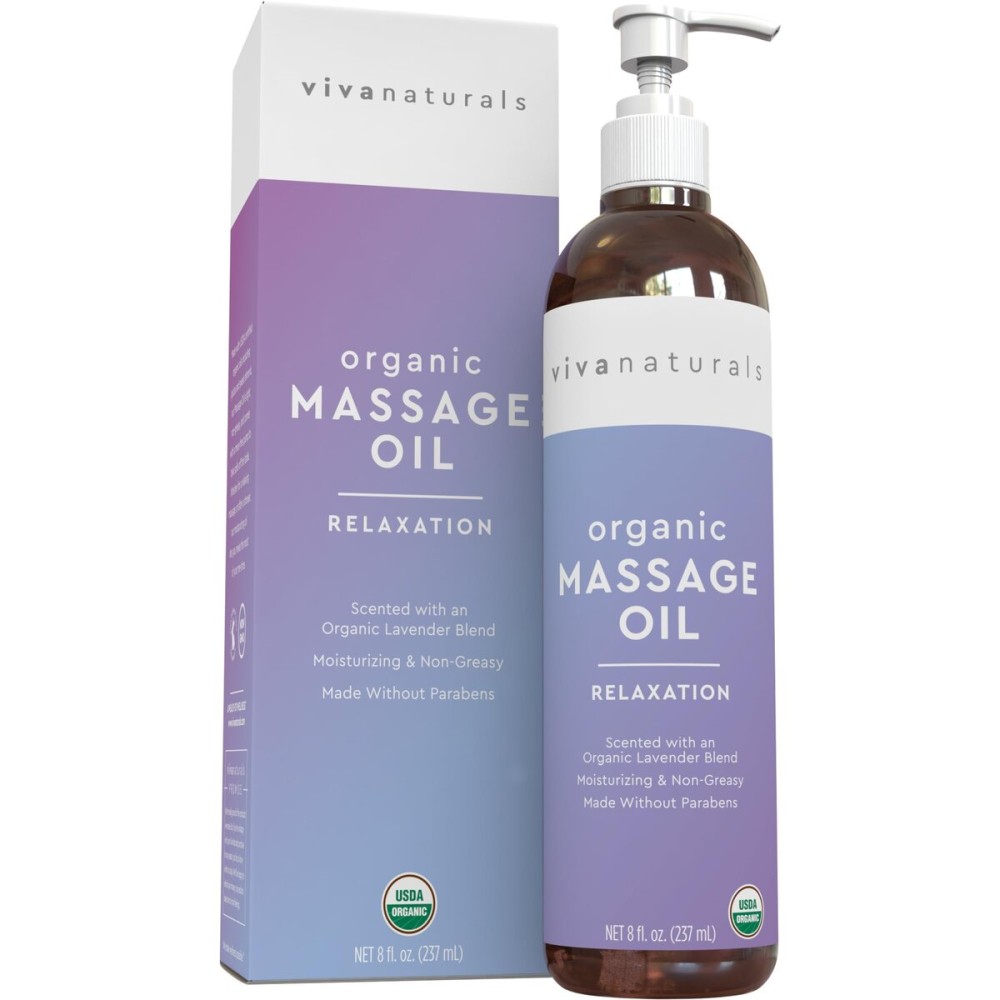 Viva Naturals Organic Massage Oil, Lavender Scented, 8 fl oz (237 mL) - Non-Greasy, Certified Organic Massage Therapy Oils