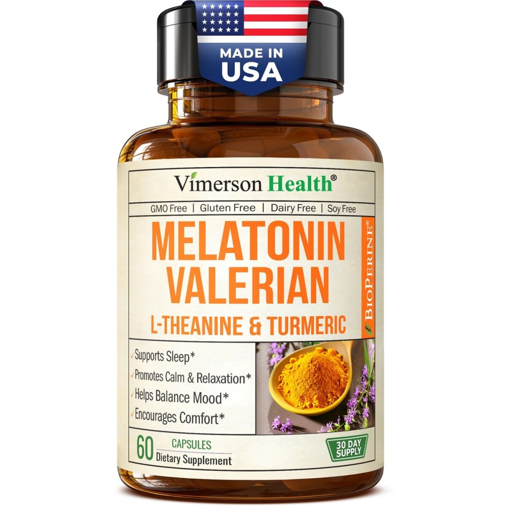 Melatonin Sleep Aid with L Theanine & Valerian Root - Turmeric Supplement - Turmeric Curcumin with Ginger & Black Pepper - L-Theanine & Melatonin 3mg for Sleep, Calm and Stress Relief - 60 Capsules