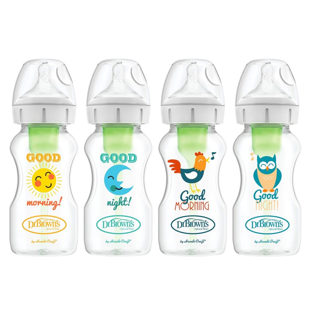 Dr. Brown\'s Natural Flow Anti-Colic Options+ Wide-Neck Baby Bottles, 9 oz/270 mL, with Level 1 Slow Flow Nipple, 4 Pack Good Morning/Good Night Gift Set