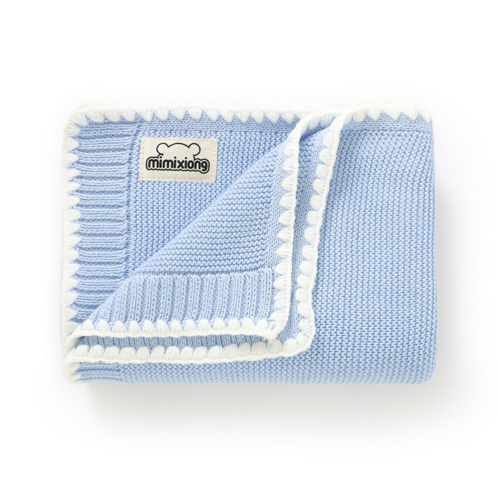mimixiong 100% Cotton Baby Blanket Knit Cellular Toddler Blankets for Newbron Baby Light Blue 40x30 Inch