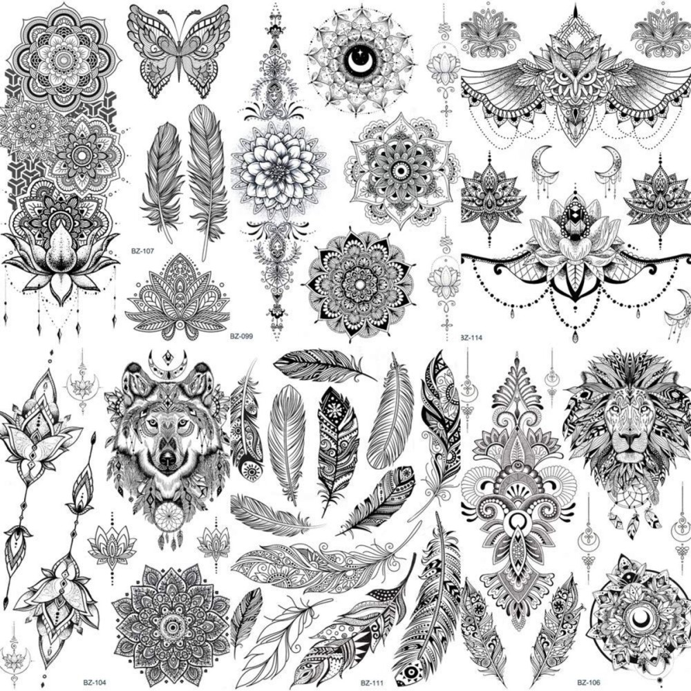 COKTAK 6 Pieces/Lot Unique Black Henna Temporary Tattoo Stickers For Adults Women Girls Feather Mandala Flower Body Art Large Big Arm Tattoos Sheet Lace Indian Mehndi Sexy Wedding Tatoos OWL