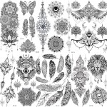 COKTAK 6 Pieces/Lot Unique Black Henna Temporary Tattoo Stickers For Adults Women Girls Feather Mandala Flower Body Art Large Big Arm Tattoos Sheet Lace Indian Mehndi Sexy Wedding Tatoos OWL