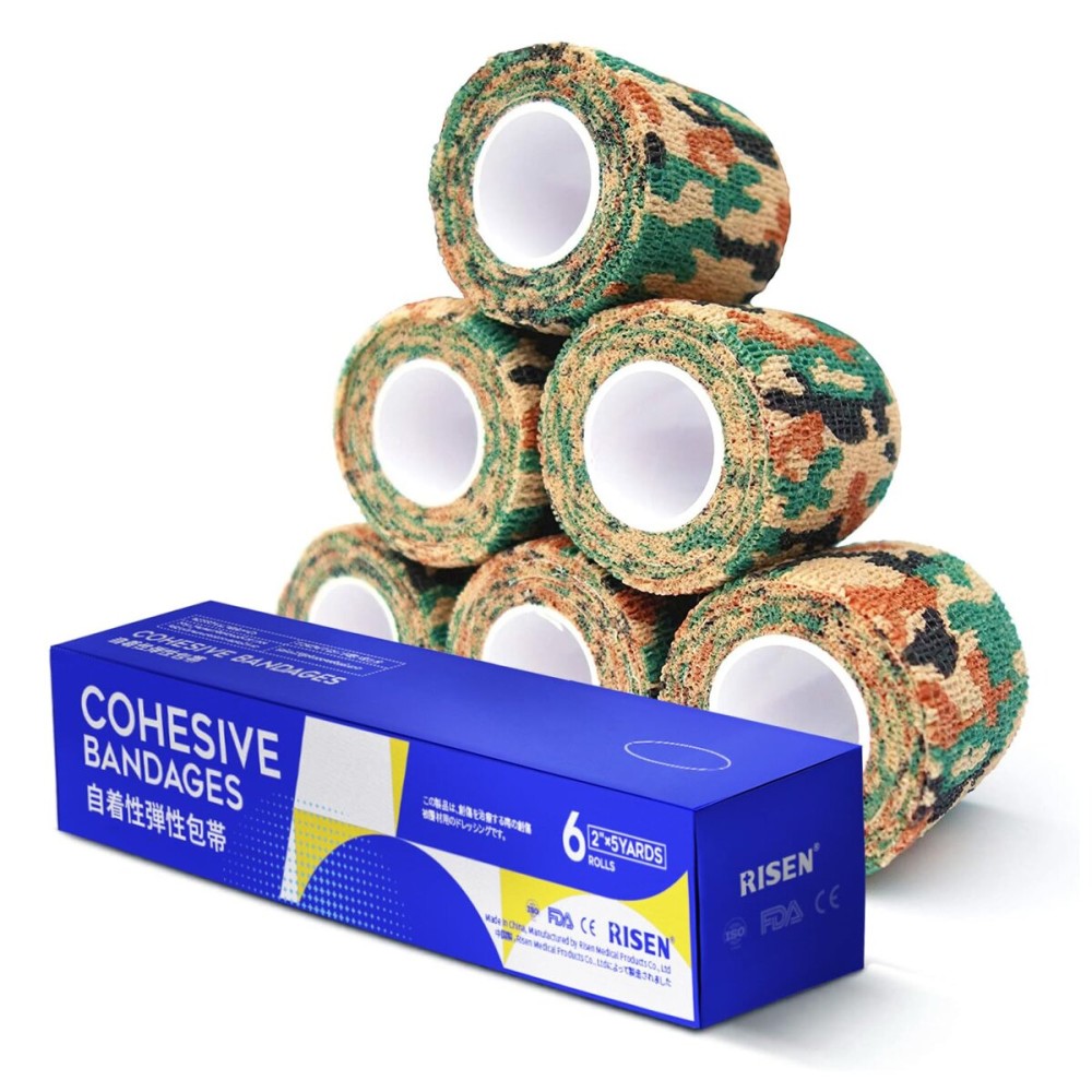 RISEN Cohesive Bandage 2 x 5 Yards, 6 Rolls, Self Adherent Wrap Medical Tape, Adhesive Flexible Breathable First Aid Gauze Ideal for Stretch Athletic