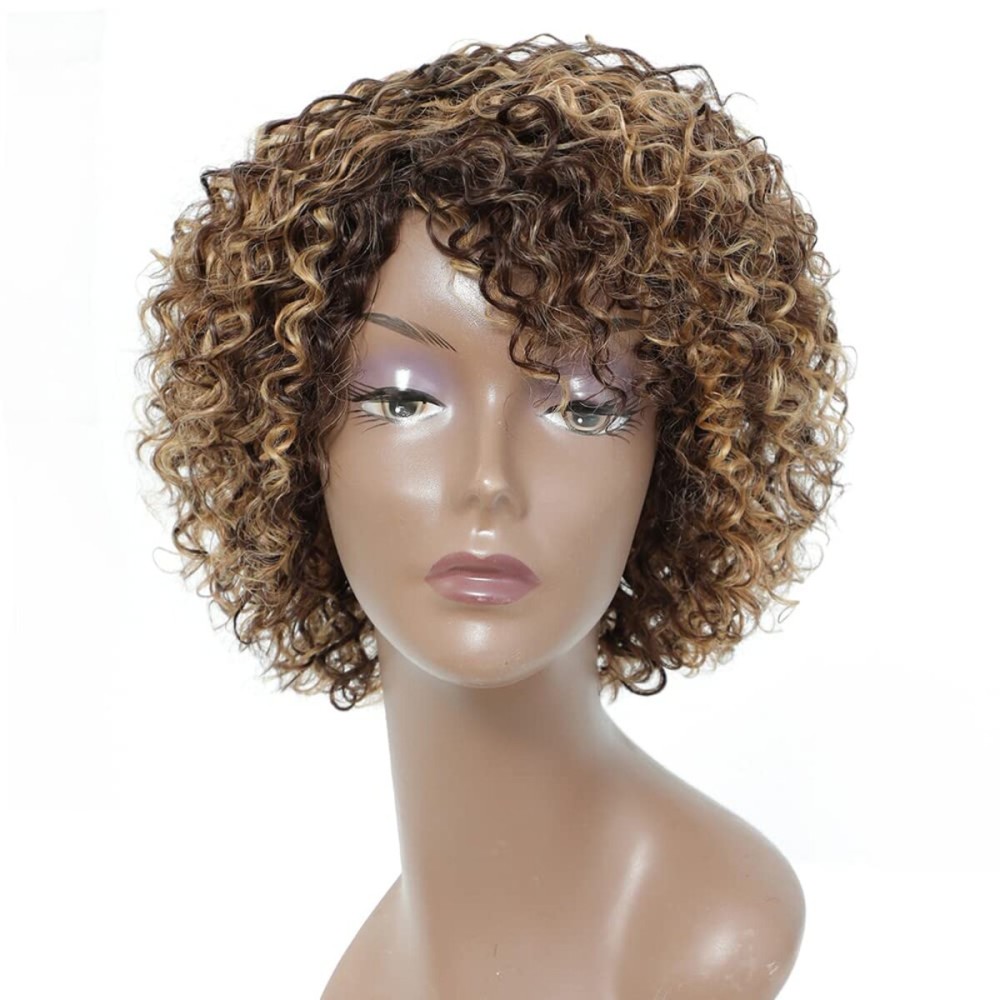 HUA Short Curly Human Hair Wigs for Black Women P4/27/30 Short Curly Wigs for African American Glueless Human Hair Wigs
