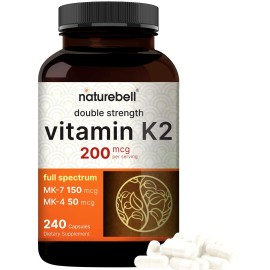 NatureBell Full Spectrum Vitamin K2 Supplement with MK-7 & MK-4, 200 mcg, 240 Capsules | 2 in 1 Formula, K Vitamins Complex - Supports Bone, Joint, and Heart Health - Non-GMO