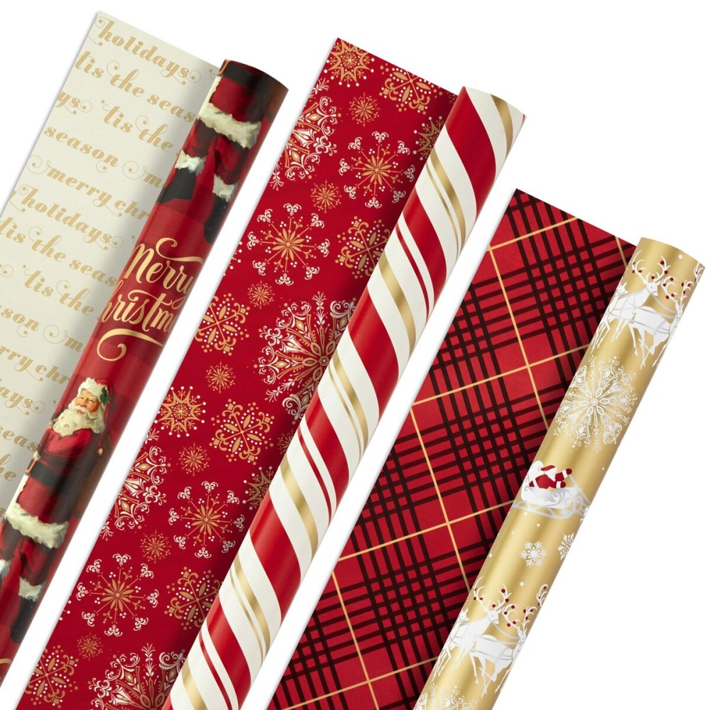 Hallmark Christmas Wrapping Paper Rolls - Traditional Holiday Gift Wrap Paper (Set of 3 Reversible Rolls: 120 sq. ft. ttl.) Red and Gold Snowflakes, Stripes, Plaid, Santa\'s Sleigh
