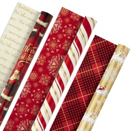 Hallmark Christmas Wrapping Paper Rolls - Traditional Holiday Gift Wrap Paper (Set of 3 Reversible Rolls: 120 sq. ft. ttl.) Red and Gold Snowflakes, Stripes, Plaid, Santa\'s Sleigh