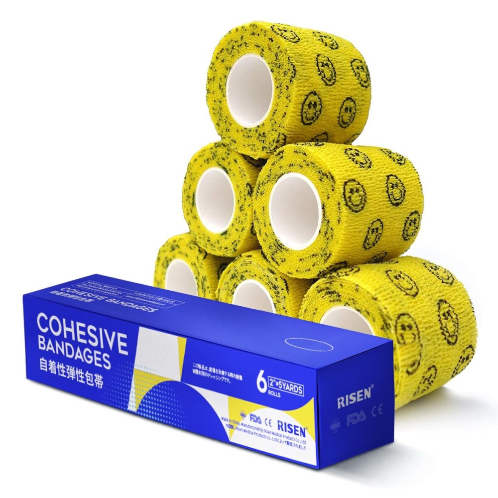 RISEN Cohesive Bandage 2 x 5 Yards, 6 Rolls, Self Adherent Wrap Medical Tape, Adhesive Flexible Breathable First Aid Gauze Ideal for Stretch Athletic