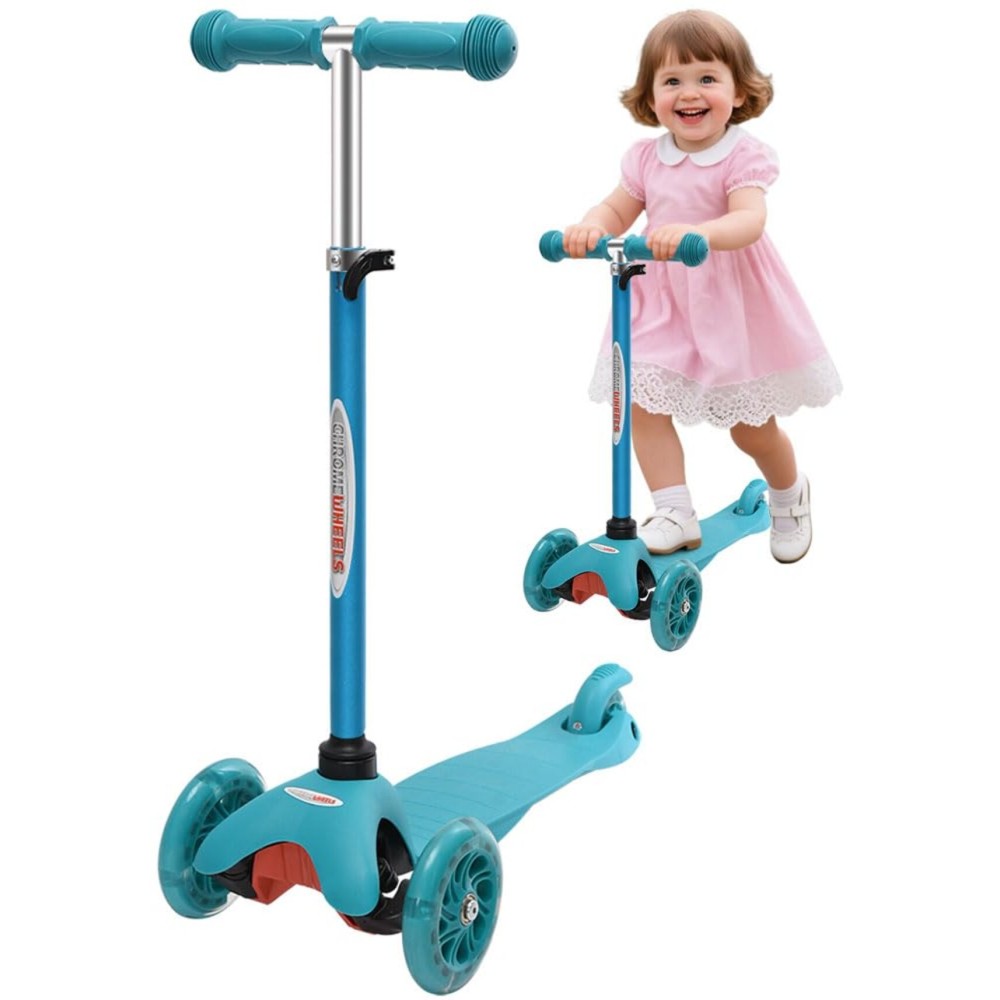 ChromeWheels Scooter for Kids, Deluxe 3 Wheel Scooter for Toddlers 4 Adjustable Height Glider with Kick Scooters, Lean to Steer with LED Flashing Light for Ages 3-6 Girls Boys, Aqua