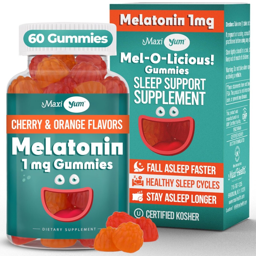 Maxi Health 1mg Melatonin Gummies - Kids Melatonin Chewables with Natural Cherry & Orange Flavor - Adult and Baby Sleep Help Supplement to Support Restful Nights (60 Count)