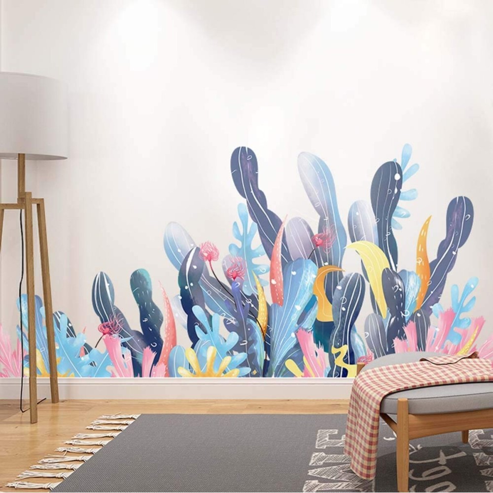 Amaonm Creative Cartoon Removable 3D Under The Sea World Nature Scenery Wall Stickers Ocean Grass Colorful Seaweed Baseboard Wall Decal for Wall Corner Nursery Room Bathroom Living Room (Coral)