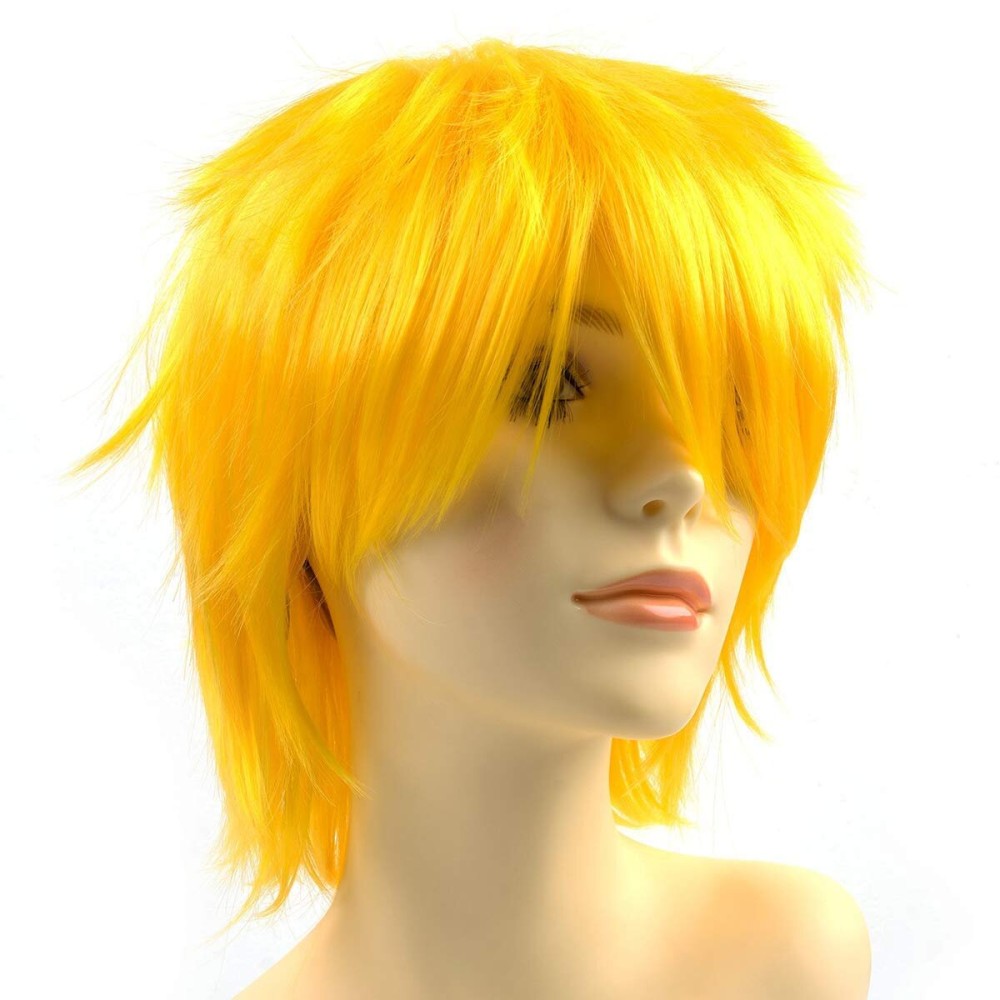 Modernfairy Anime Halloween Wig Yellow for Cosplay Party, Synthetic Layered Short Hair Wigs with Bangs, Pastel Wigs for Women Men