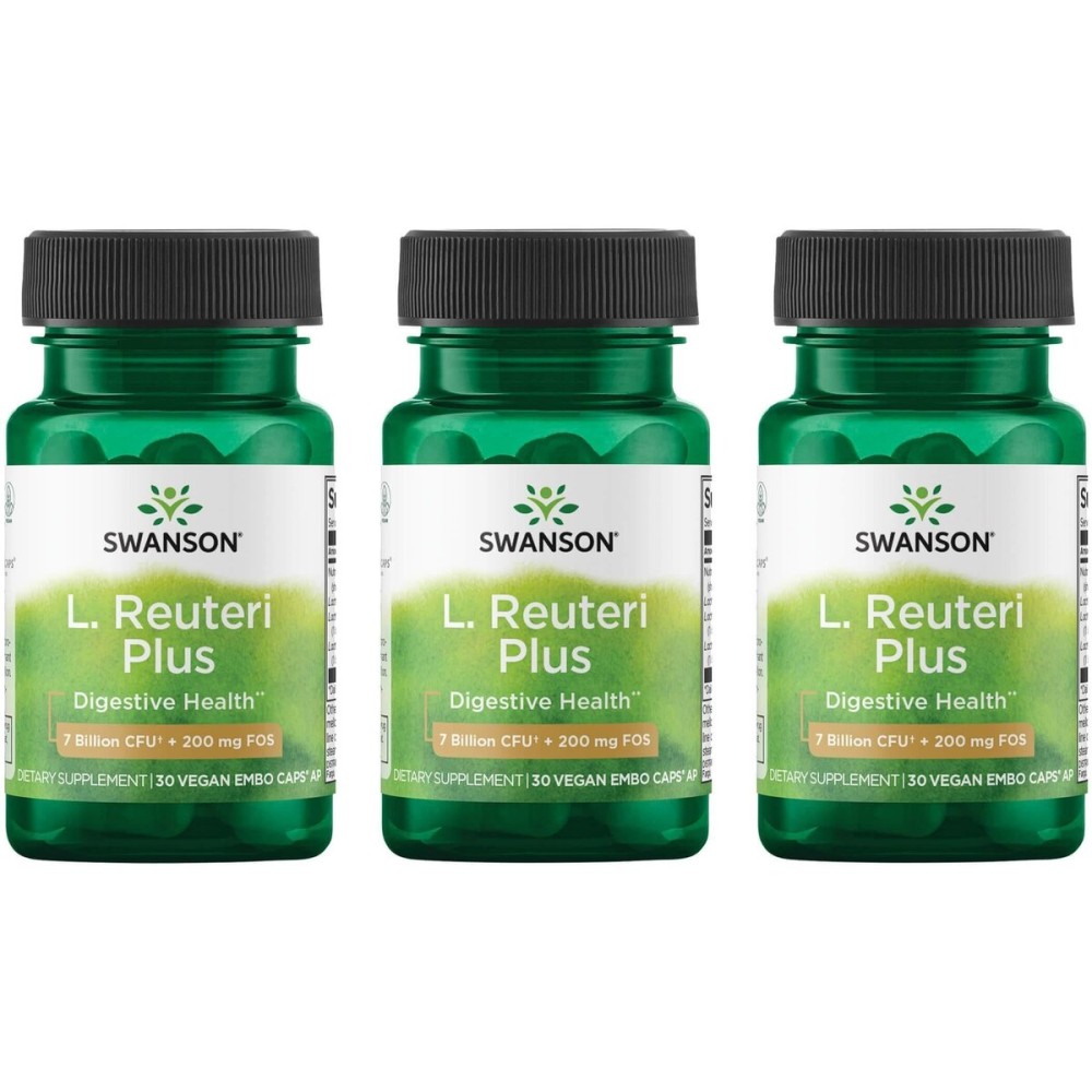 Swanson L. Reuteri Probiotic Plus w/L. Rhamnosus L. Acidophilus & FOS Prebiotic Digestive Support - Promotes Gut Health w/ 7 Billion CFU per Capsule - (30 Veggie Capsules) (3 Pack)