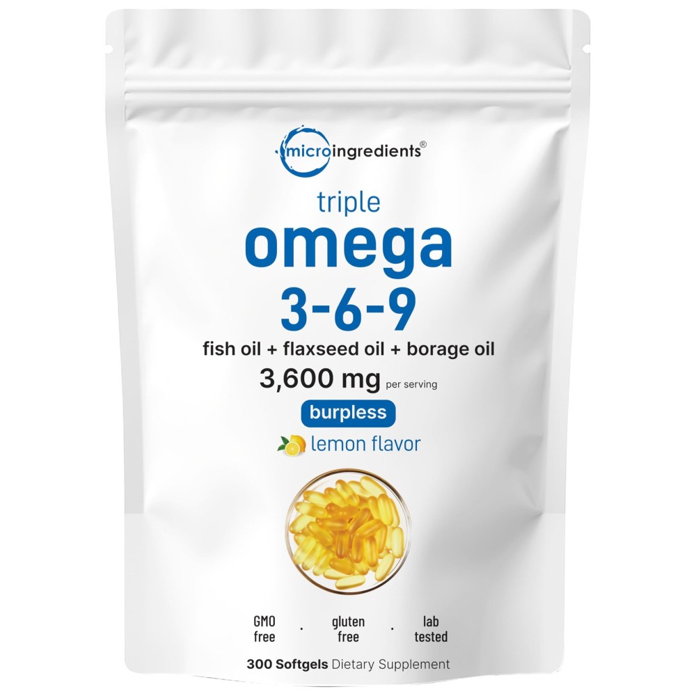 Ultra Omega 3-6-9 3600mg Per Serving, 300 Burpless Softgels | Lemon Flavor - Blend of Fish, Flaxseed, Borage Oils | Bioavailable Source, Non-GMO, No Gluten, Mercury Free
