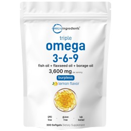 Ultra Omega 3-6-9 3600mg Per Serving, 300 Burpless Softgels | Lemon Flavor - Blend of Fish, Flaxseed, Borage Oils | Bioavailable Source, Non-GMO, No Gluten, Mercury Free