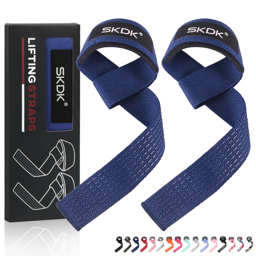 SKDK Cotton Hard Pull Wrist Lifting Straps Grips Band-Deadlift Straps with Neoprene Cushioned Wrist Padded and Anti-Skid Silicone - for Weightlifting, Bodybuilding, Xfit, Strength Training (Blue)