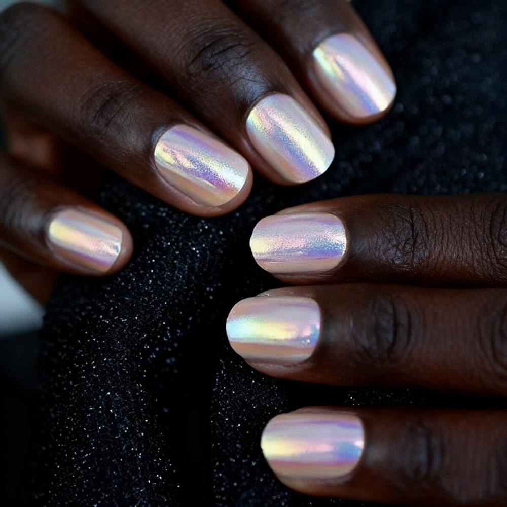 24pcs Unicorn Chrome Press On Thin Fake Nails with Designs Iridescent Pink Short Full False Nails Acrylic with Glue Sticker