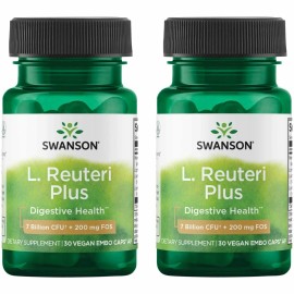 Swanson L. Reuteri Probiotic Plus w/L. Rhamnosus L. Acidophilus & FOS Prebiotic Digestive Support - Promotes Gut Health w/ 7 Billion CFU per Capsule - (30 Veggie Capsules) (2 Pack)