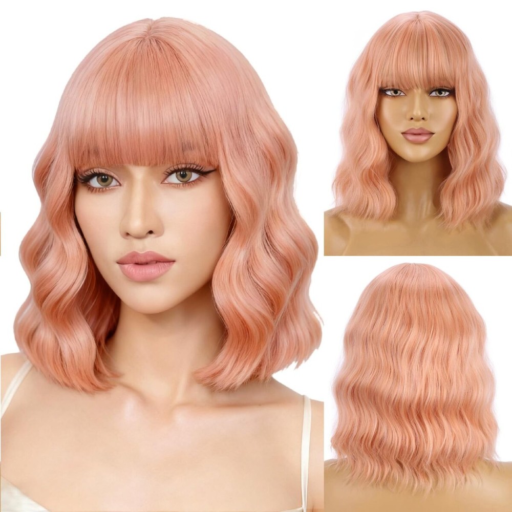 BERON 14 Inches Light Orange Wig Short Curly Wig Women Synthetic Orange Wigs with Bangs Hairnet Included