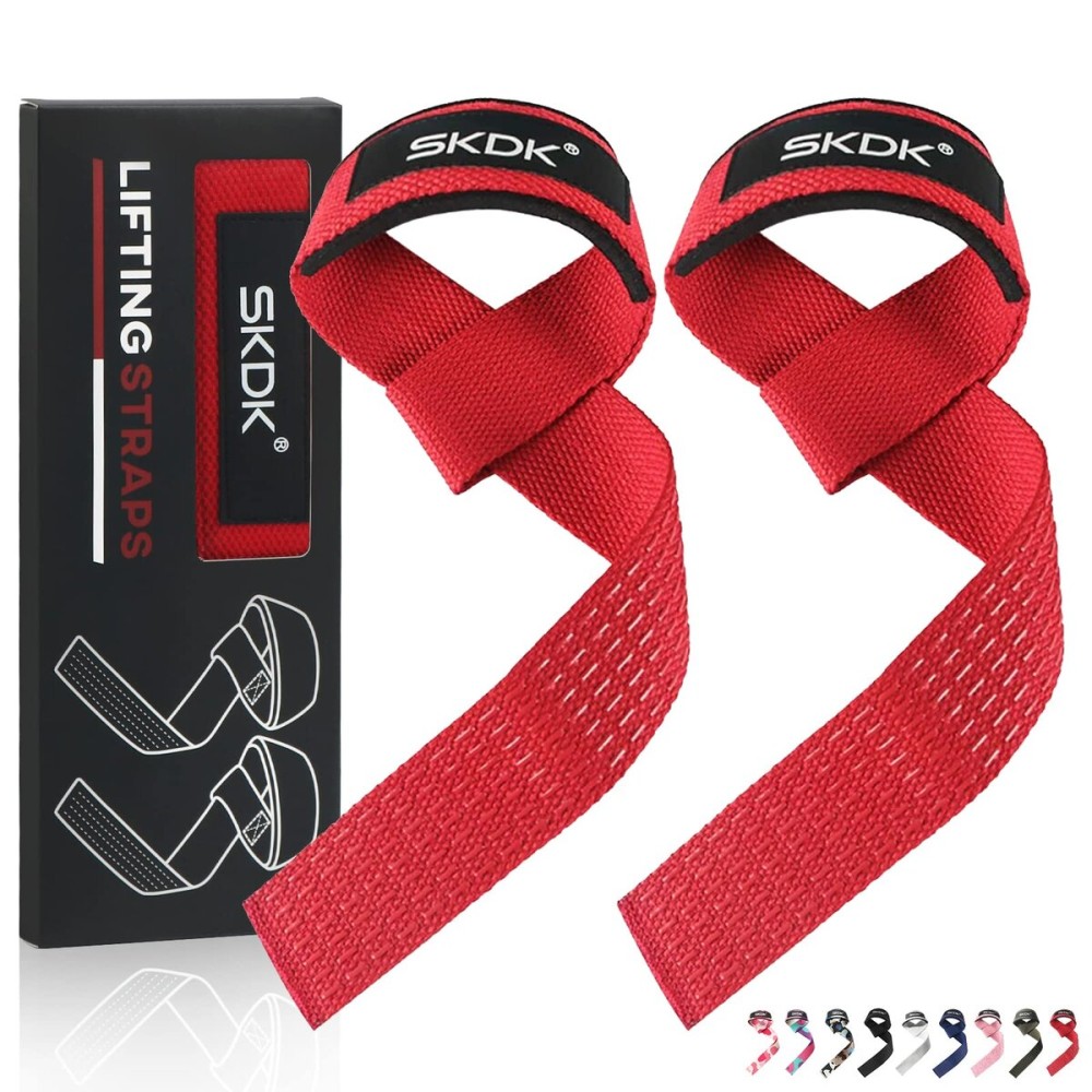 SKDK Cotton Hard Pull Wrist Lifting Straps Grips Band-Deadlift Straps with Neoprene Cushioned Wrist Padded and Anti-Skid Silicone - for Weightlifting, Bodybuilding, Xfit, Strength Training (Red)