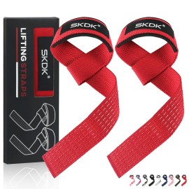 SKDK Cotton Hard Pull Wrist Lifting Straps Grips Band-Deadlift Straps with Neoprene Cushioned Wrist Padded and Anti-Skid Silicone - for Weightlifting, Bodybuilding, Xfit, Strength Training (Red)
