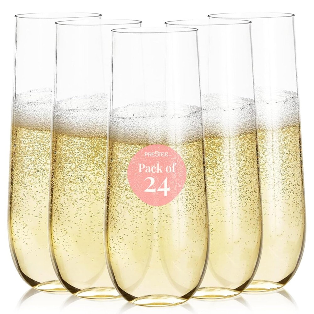 Prestee 24-Pack Stemless Champagne Flutes 9 oz - Clear Plastic Cups for Wine, Cocktails, and Mimosas - Elegant Disposable Flutes for Parties, Weddings, Birthdays, Holiday Dinners, and Celebrations