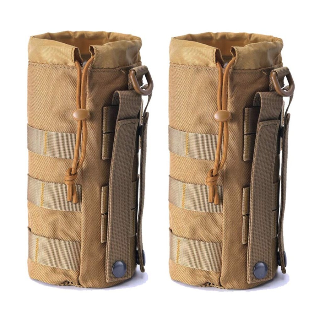 Upgraded Sports Water Bottles Pouch Bag, Tactical Drawstring Molle Holder Pouches, Travel Mesh Tactical Hydration Carrier (Tan-2Pack)