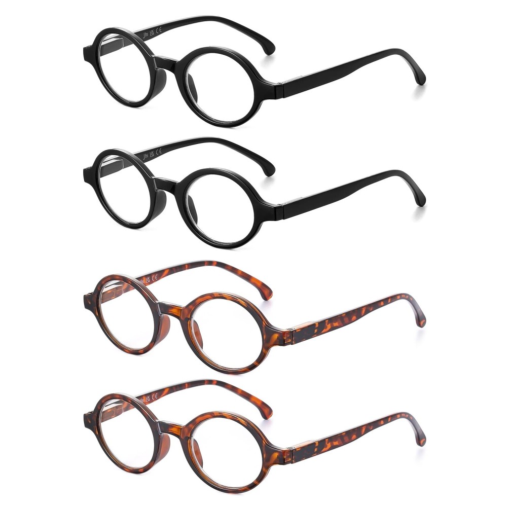 JM Set of 4 Retro Round Reading Glasses Spring Hinge Readers Men Women Glasses for Reading +4.0 Black & Tortoise