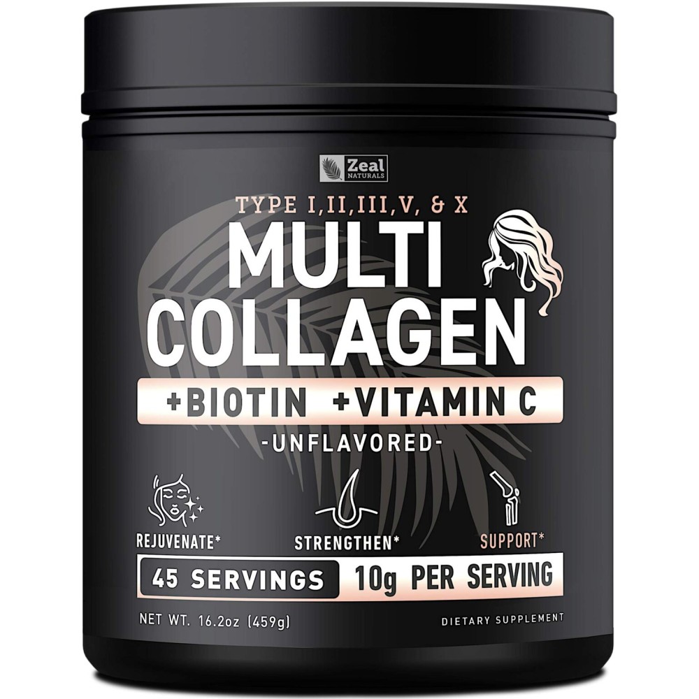 Premium Multi Collagen Peptides Powder (1, 2, 3, 5 & 10) with Protein. Vitamin C, Biotin, Hyaluronic Acid, for Hair Skin and Nails - Marine, Bovine, Chicken & Eggshell (Unflavored, 45 Servings)