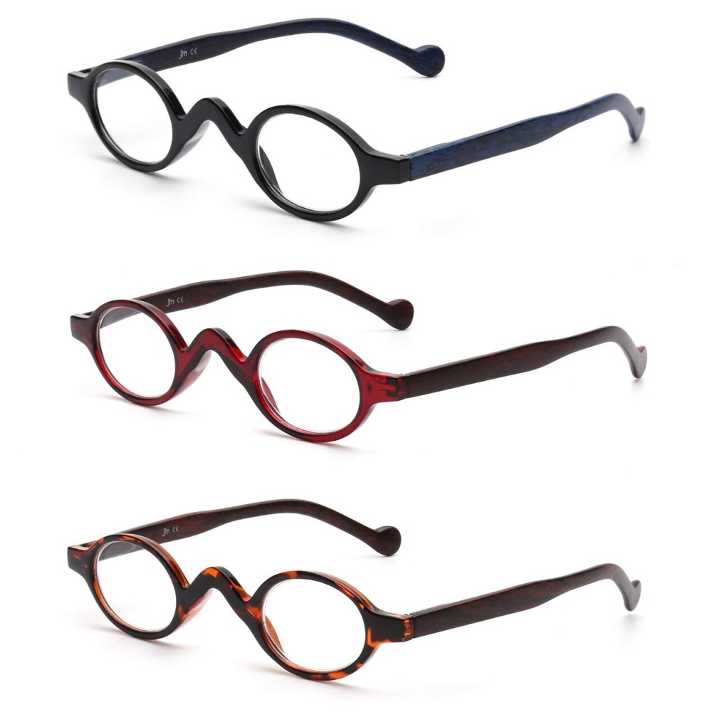 JM 3 Pack Small Oval Reading Glasses Vintage Spring Hinge Glasses for Reader Women +2.5 Black & Red & Tortoise