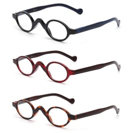 JM 3 Pack Small Oval Reading Glasses Vintage Spring Hinge Glasses for Reader Women +2.5 Black & Red & Tortoise