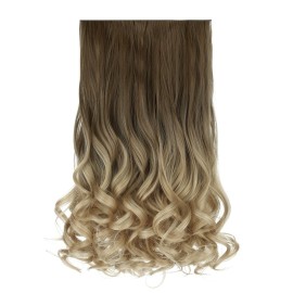 REECHO 20 1-pack 3/4 Ombre Full Head Curly Wave Clips in on Synthetic Hair Extensions HE008 Hair pieces for Women 5 Clips 4.5 Oz Per Piece - Ombre Light Brown to Dirty Blonde