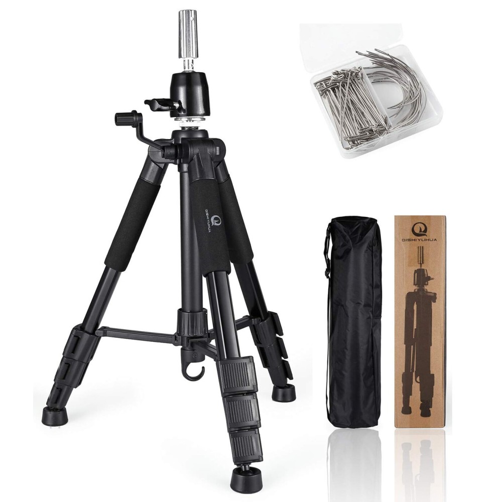 QISHI YUHUA Wig Stand Tripod with Non-Slip Base Adjustable Mannequin Head Stand with Hook Heavy Duty Manikin Head Tripod