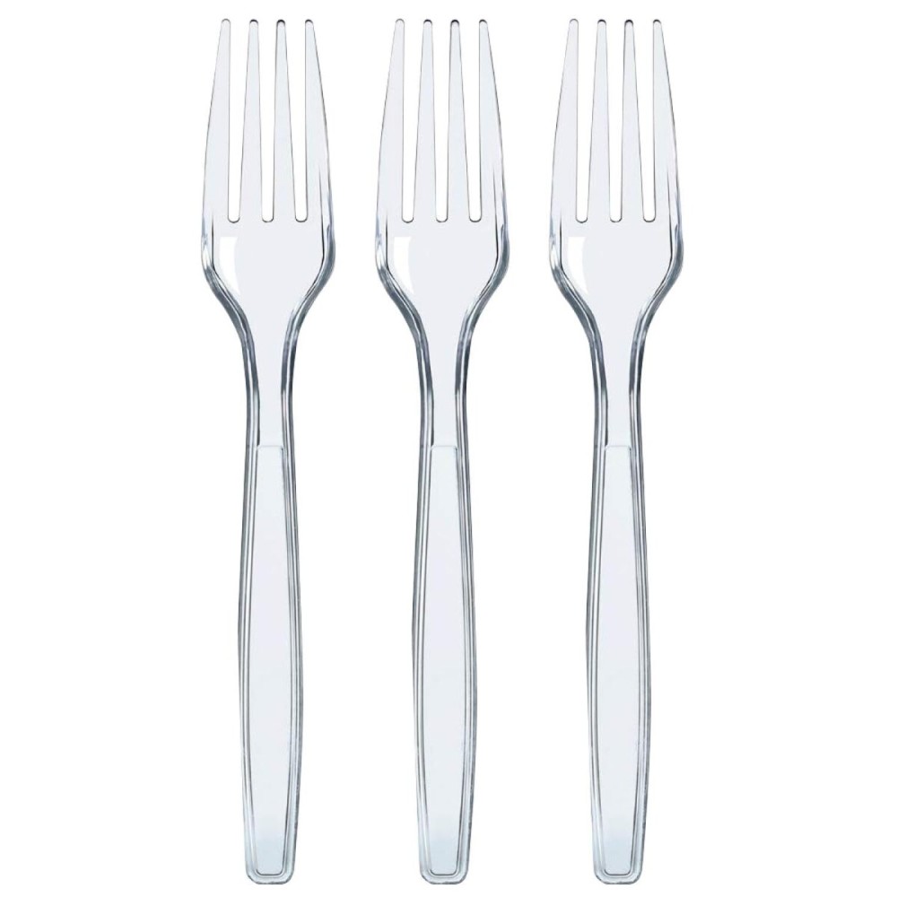 Prestee 100 Count Plastic Forks - Heavy Duty Forks Disposable for Parties, Events, and Catering - Crystal Clear Silverware and Durable Plastic Utensils Flatware Set for Weddings and Celebrations
