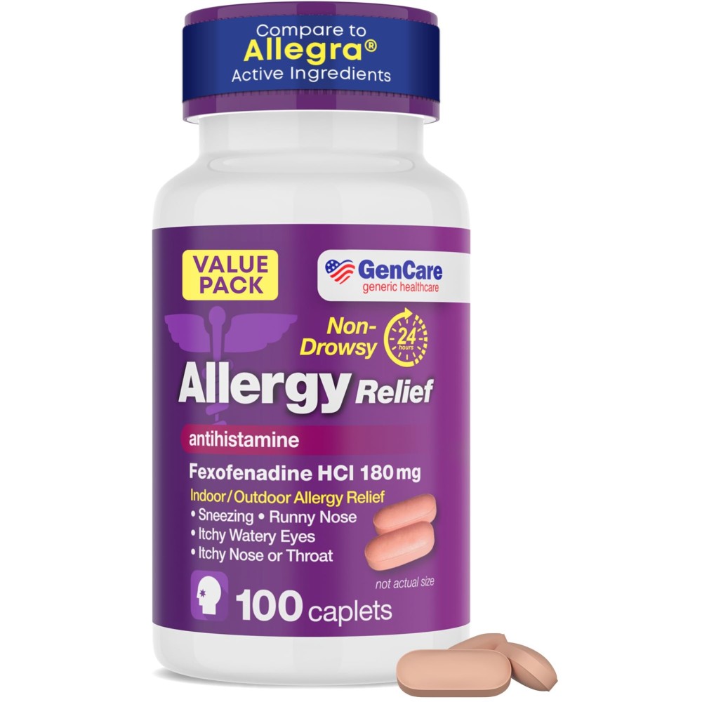 GenCare Allergy Relief Pills - Fexofenadine 180mg 24 Hour Non-Drowsy Allergy Medicine Antihistamine, Compare to Allegra 24 Hour Non Drowsy Pills for Itchy Eyes, Runny Nose, Hives (100 Count)
