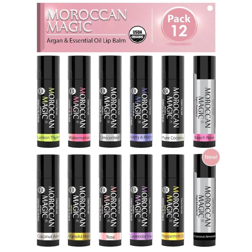 Moroccan Magic Organic Lip Balm & SPF15: 12 Piece Variety Pack Gift Set | Organic Argan and Essential Oils | Smooth | Natural | Non-Toxic | Cruelty Free | 12 Pack