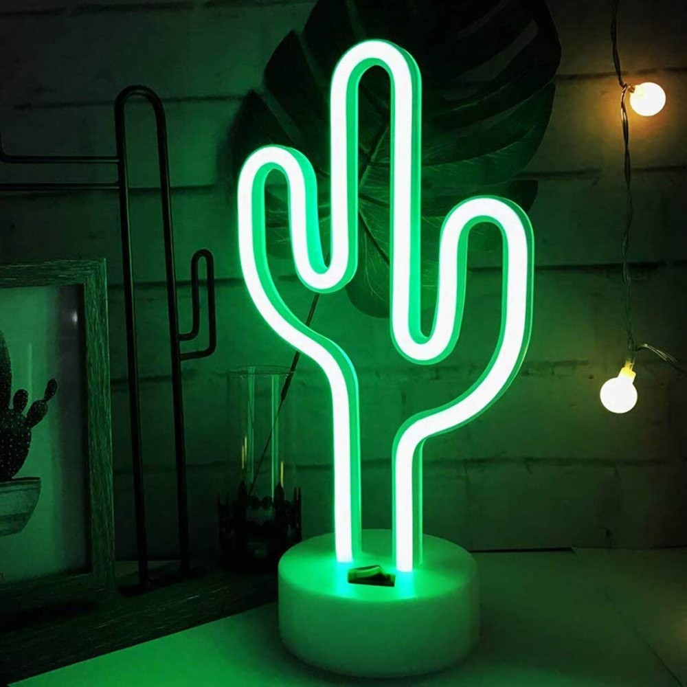 Green Cactus Neon Light Signs LED Cactus Neon Night Lights with Pedestal Room Decor Battery/USB Operation Lamps Neon Signs Light Up Children\'s Room Bedroom Wedding