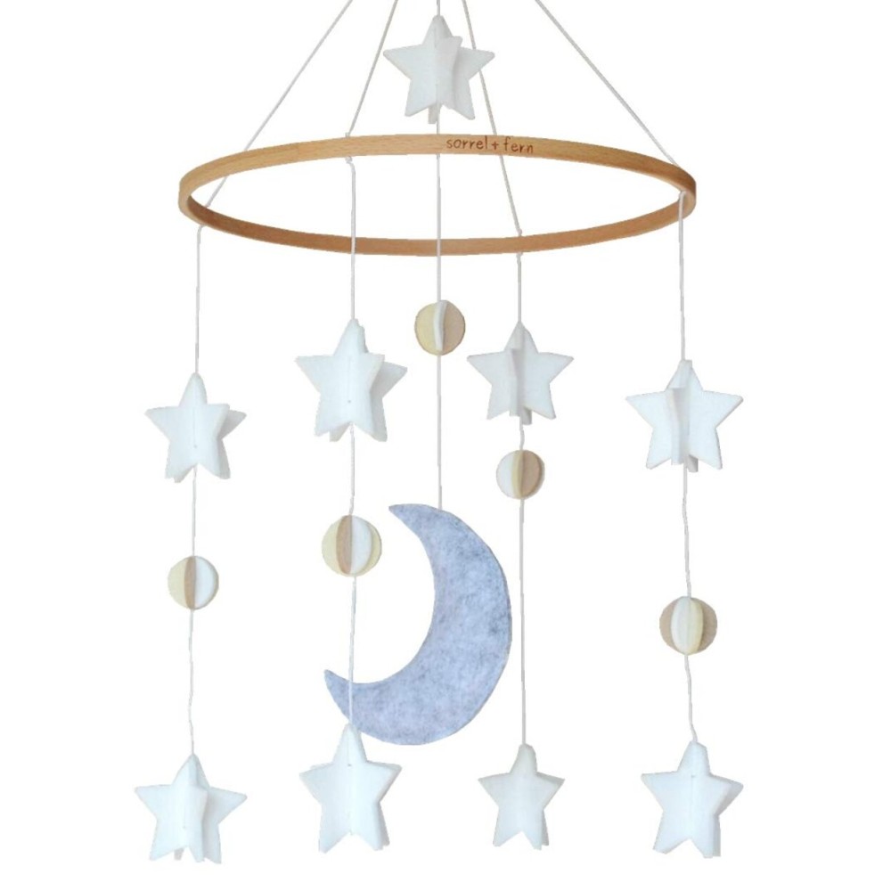 Baby Crib Mobile - Wooden Hanging Nursery Baby Mobile for Crib, Nursery Decor for Boys & Girls, Perfect Shower Gift, Moon & Stars (Grey, White & Cream) Also Fits Bassinets, Sorrel + Fern