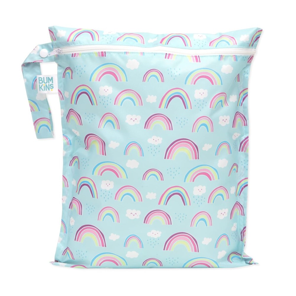 Bumkins Waterproof Wet Bag for Baby, Travel, Swim Suit, Cloth Diapers, Pump Parts, Pool, Beach, Gym Clothes, Toiletry, Hook to Stroller, Daycare, Zipper Reusable Wetdry Packing Pouch, Rainbows Blue