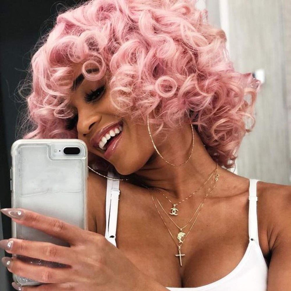 PHOENIXFLY Short Pink Afro Wigs With Bangs - Curly Synthetic Wigs for Black Women - Heat Resistant, Free Wig Caps