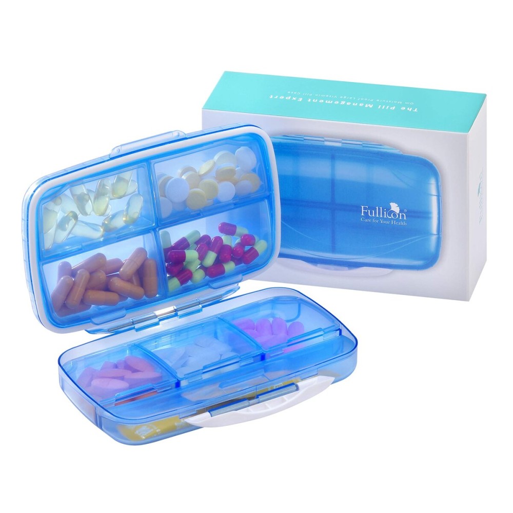 Travel Pill Organizer Large Portable Medication Organizer, Fullicon Oversize 8 Compartment Pill Box, Vitamin Travel Case Pill Holder - Airtight & Moistureproof (Blue)