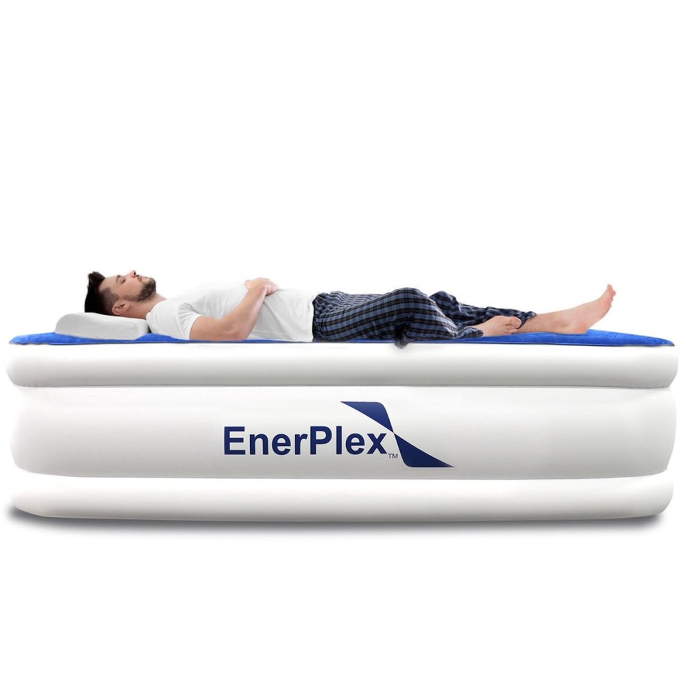 EnerPlex Queen Air Mattress with Built in Pump - 15 Luxury Size Self-Inflating Blow Up Mattress with Neck Support - Inflatable Air Bed for Portable Travel & Home Use (Blue/White)