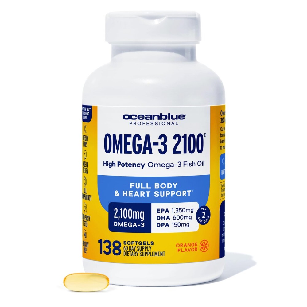 Oceanblue Professional Omega-3 2100mg Fish Oil Supplement - Triple Strength, High Potency EPA, DHA & DPA - Burpless, Wild-Caught, Natural Orange Flavor - 138 Count (Pack of 1)