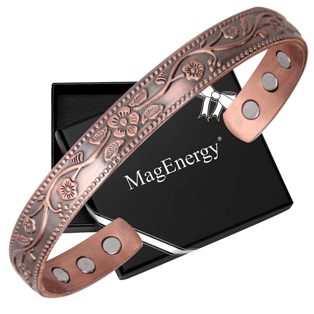 MagEnergy Copper Bracelets for Women, 99.9% Pure Copper Vintage Flower Magnetic Bangle with 3500 Gauss Magnets,6.8 Adjustable Cuff Jewelry Box