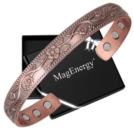 MagEnergy Copper Bracelets for Women, 99.9% Pure Copper Vintage Flower Magnetic Bangle with 3500 Gauss Magnets,6.8 Adjustable Cuff Jewelry Box