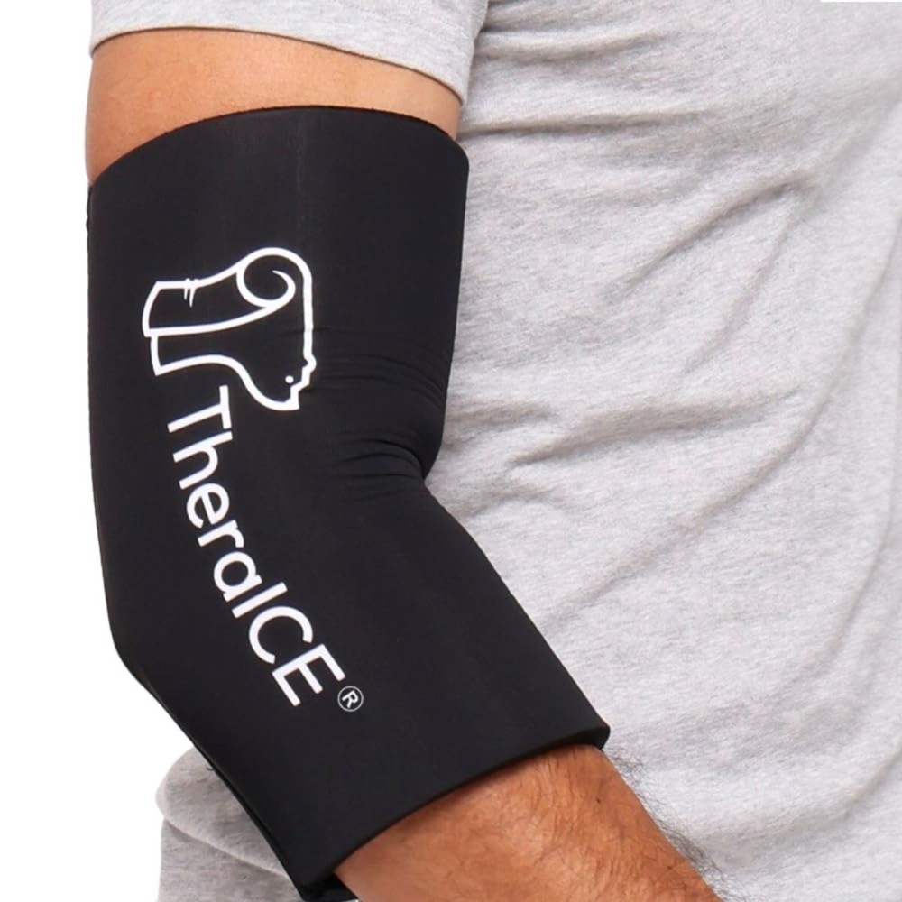 TheraICE Elbow Ice Pack Compression Sleeve for Injuries, Reusable Gel Cold Packs Brace, Shin Splints, Calf Strain, Flexible Cold Wrap Recovery for Tennis Elbow, Tendinitis Pain Relief (S)