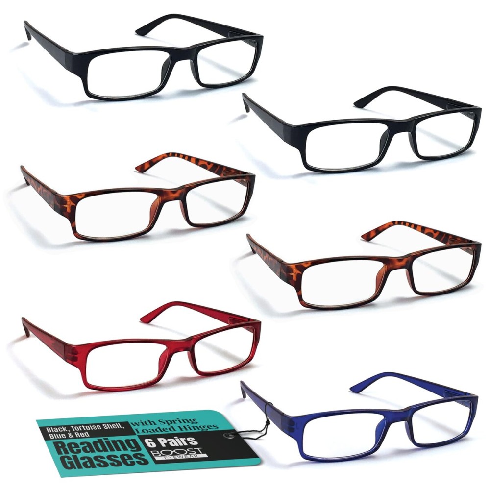 Boost Eyewear 6 Pack Reading Glasses, Traditional Frames in Black, Tortoise Shell, Blue and Red, for Men and Women, with Comfort Spring Loaded Hinges, Assorted Colors, 6 Pairs (+1.00)