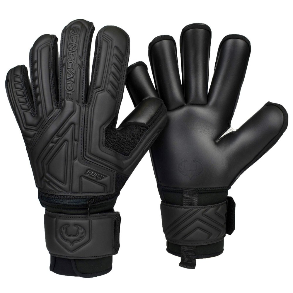 Renegade GK Fury Nightfall Goalie Gloves with Pro-Tek Finger Savers | 4mm Giga Grip & 4mm Duratek | Black Soccer Goalkeeper Gloves (Size 8, Youth-Adult, Roll Cut, Level 4)