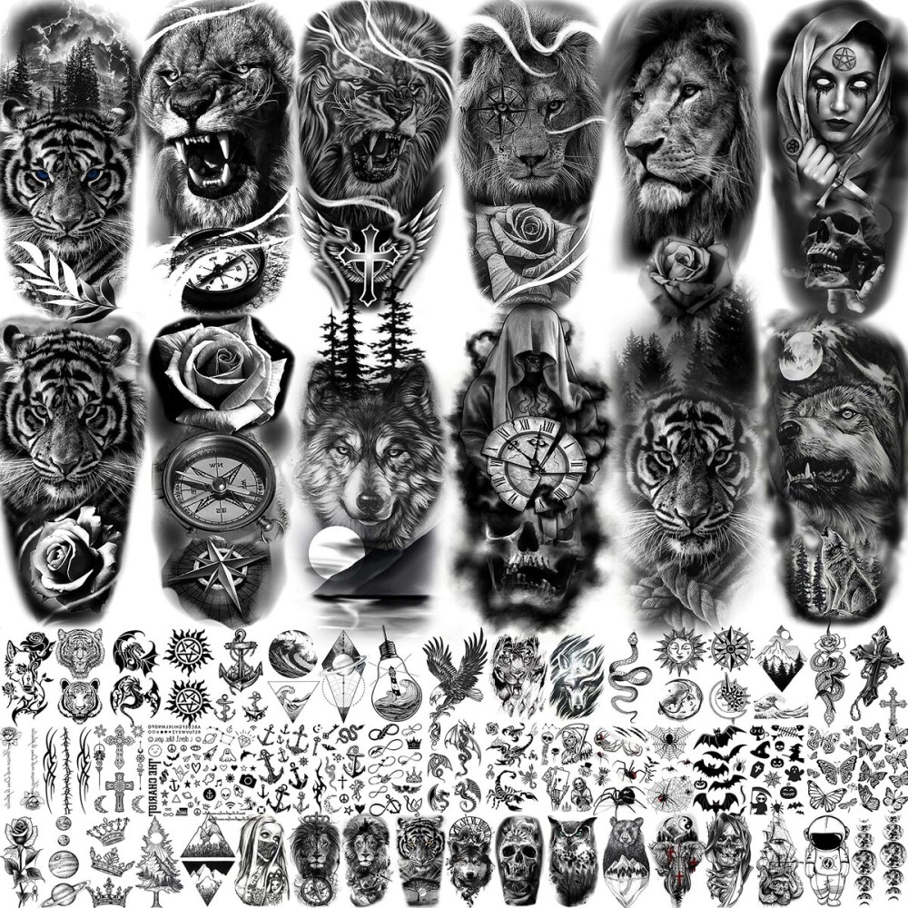 COKTAK 64 Sheets Large Black Arm Temporary Tattoos For Men Forearm Women Thigh, Half Sleeve Animals Lion Tiger Wolf Temp Tattoo Stickers Adults, Death Skull Compass Flower Fake Tattoos That Look Real