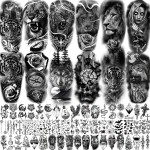COKTAK 64 Sheets Large Black Arm Temporary Tattoos For Men Forearm Women Thigh, Half Sleeve Animals Lion Tiger Wolf Temp Tattoo Stickers Adults, Death Skull Compass Flower Fake Tattoos That Look Real